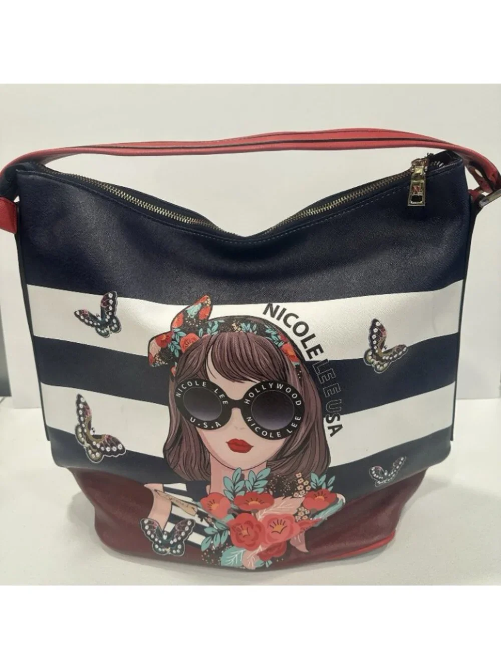 Nicole Lee Judith Loves Flower Hobo Bag Red White Blue Butterfly Floral Tote
